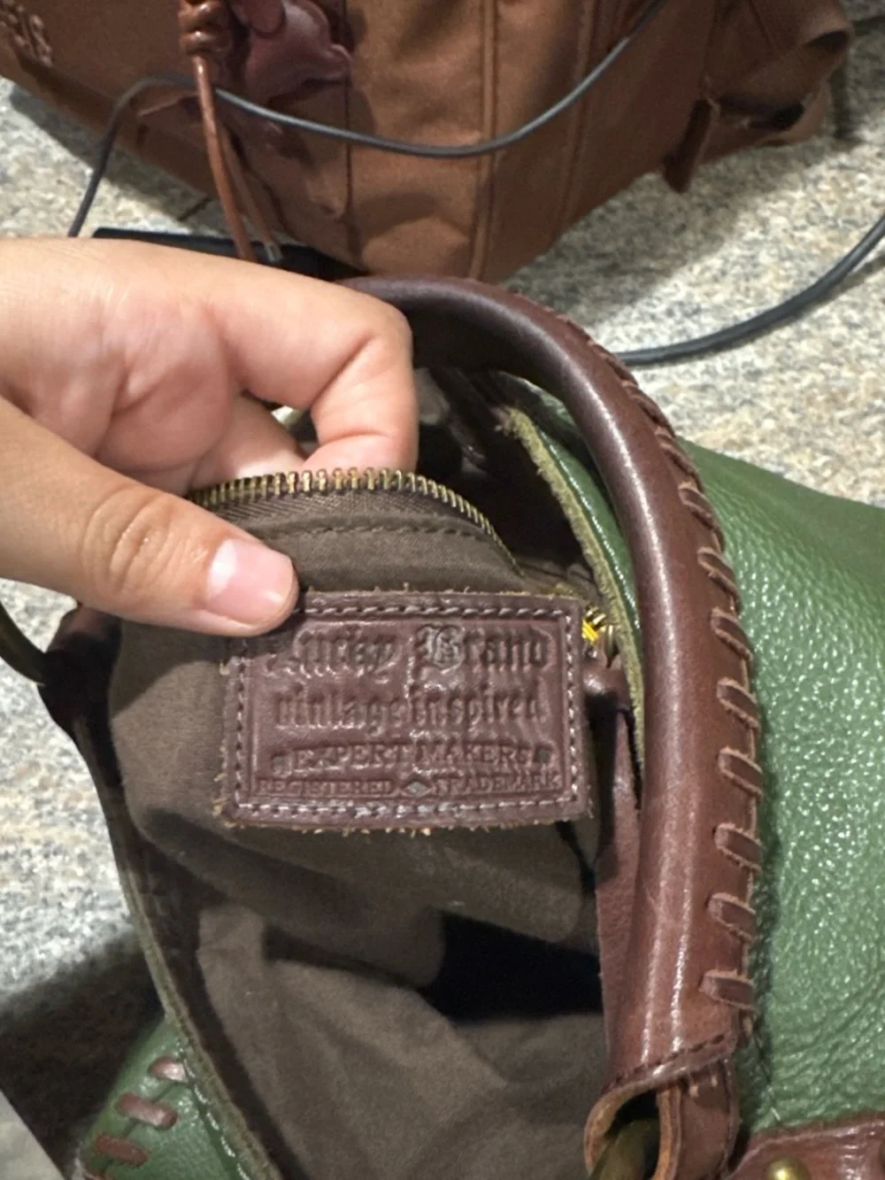 Vintage lucky Green Leather Hobo Bag with Brown Trim